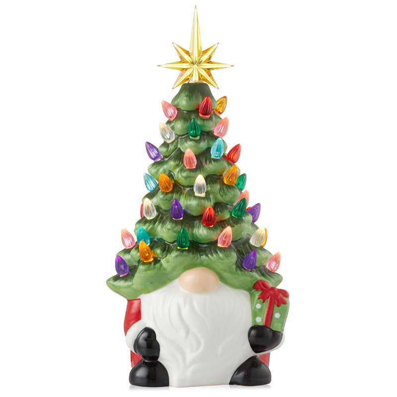 Gnome de père Noël en céramique peint à la main avec arbre de Noël pré-éclairé