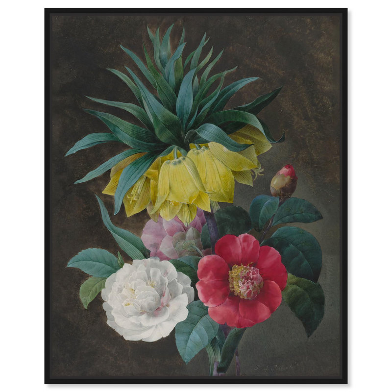 Pivoines et couronne impériale , H 21 po x l 17 po, Cadre flottant noir
