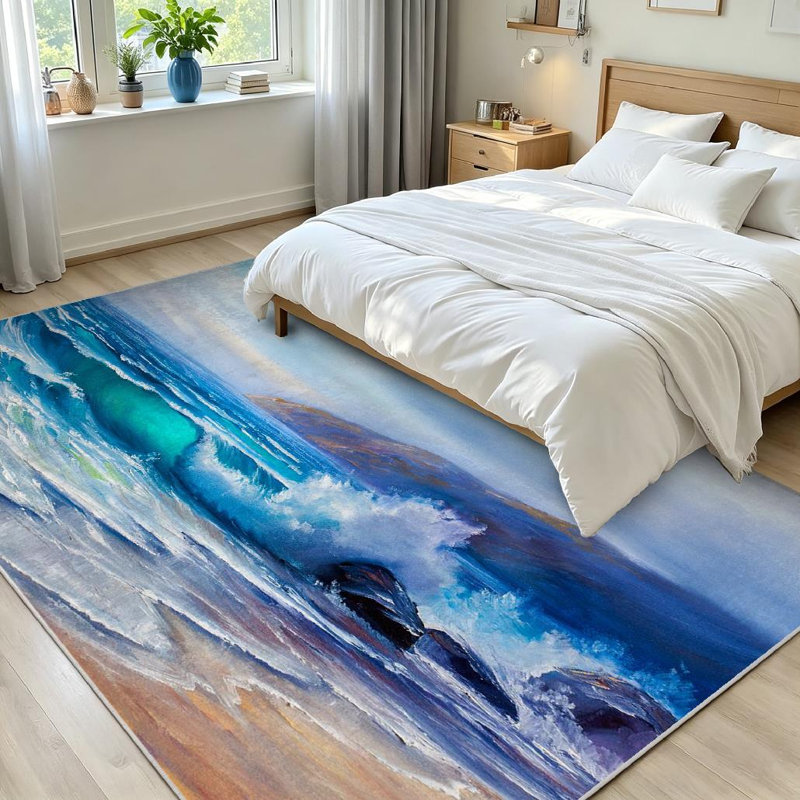 Tapis bleu marine lavable à la machine, Rectangle 71 po x 98 po
