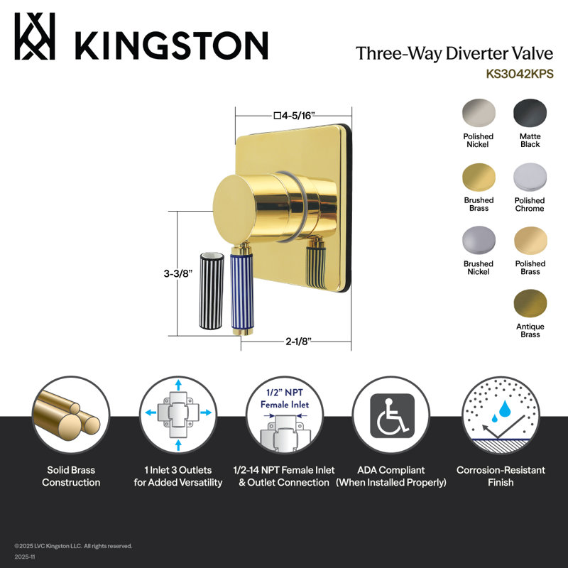 Kingston Brass Verona Single-Handle Three-Way Diverter Valve With Square Trim Kit, Matte Black