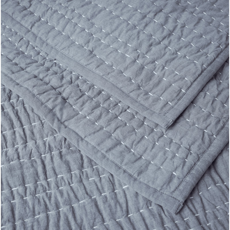 Channel Handstitched Organic Quilt, King Quilt, Indigo Chambray
