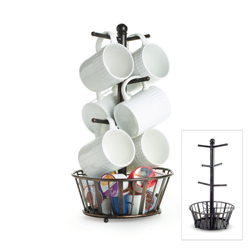 Black Wrought Iron 6-Cup Mug Tree with Storage Basket