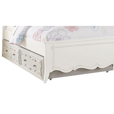 Lit gigogne en bois simple avec boutons ronds et roulettes, blanc