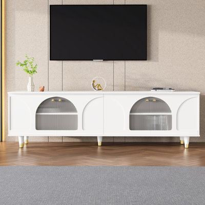 Élégante console média avec portes en verre cannelé, tablettes réglables, poignées dorées, portes de télévision blanches et tiroir supérieur, tablettes pour téléviseurs de 78 po