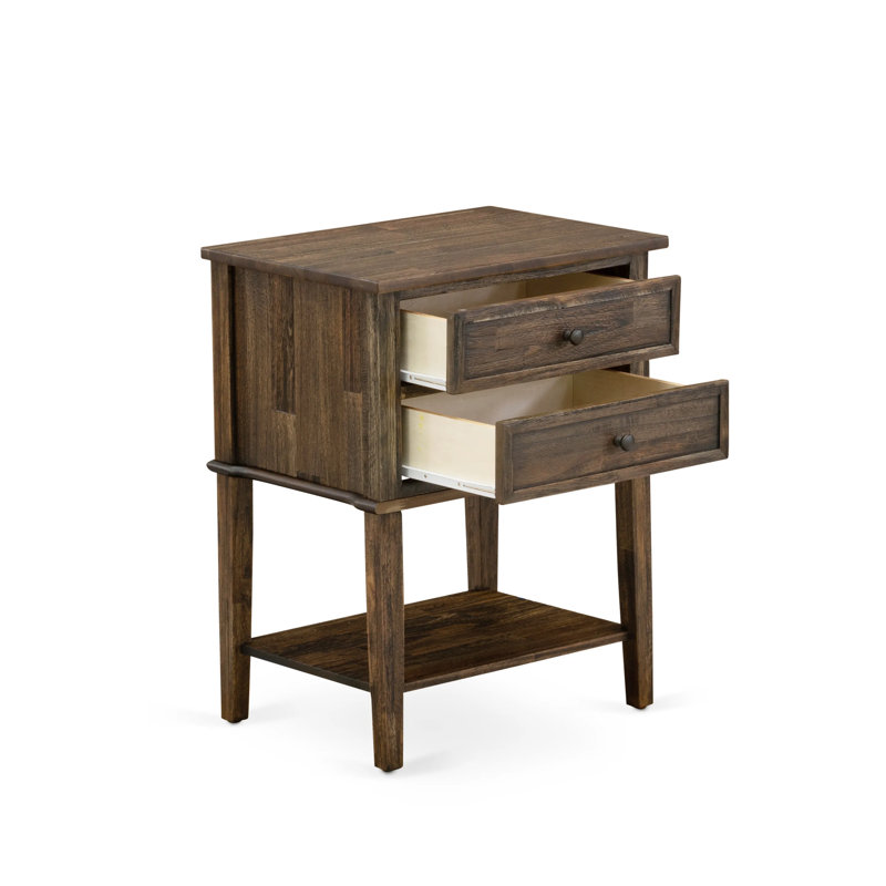 Ensemble de lit 3 pièces Granbury avec structure de lit grand capitonné et 2 tables de chevet en bois de Jacobin vieilli - similicuir brun foncé avec texture noire et pieds noirs