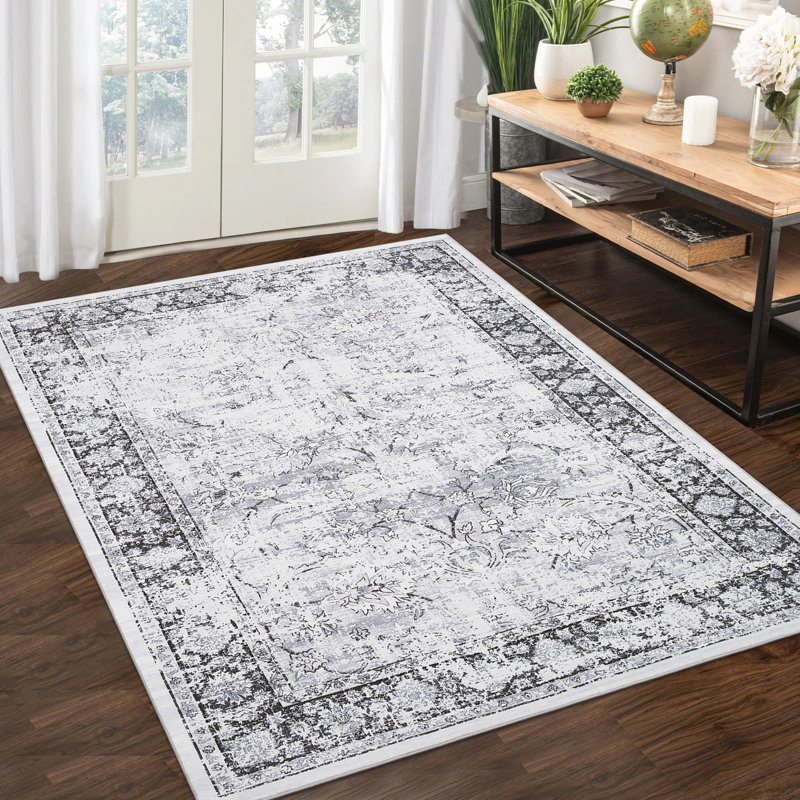 Vintage Area Rug Machine Washable Foldable Rug with Non Slip Carpet for Living Room Bedroom Dining Room, Gray