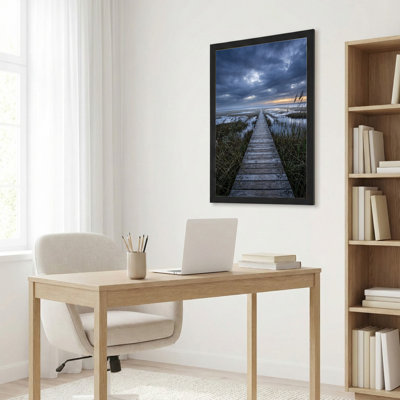 Toile noire encadrée en bois noir pour le salon, la chambre à coucher, le bureau ou le vestibule - décoration murale décorative avec chemin en bois