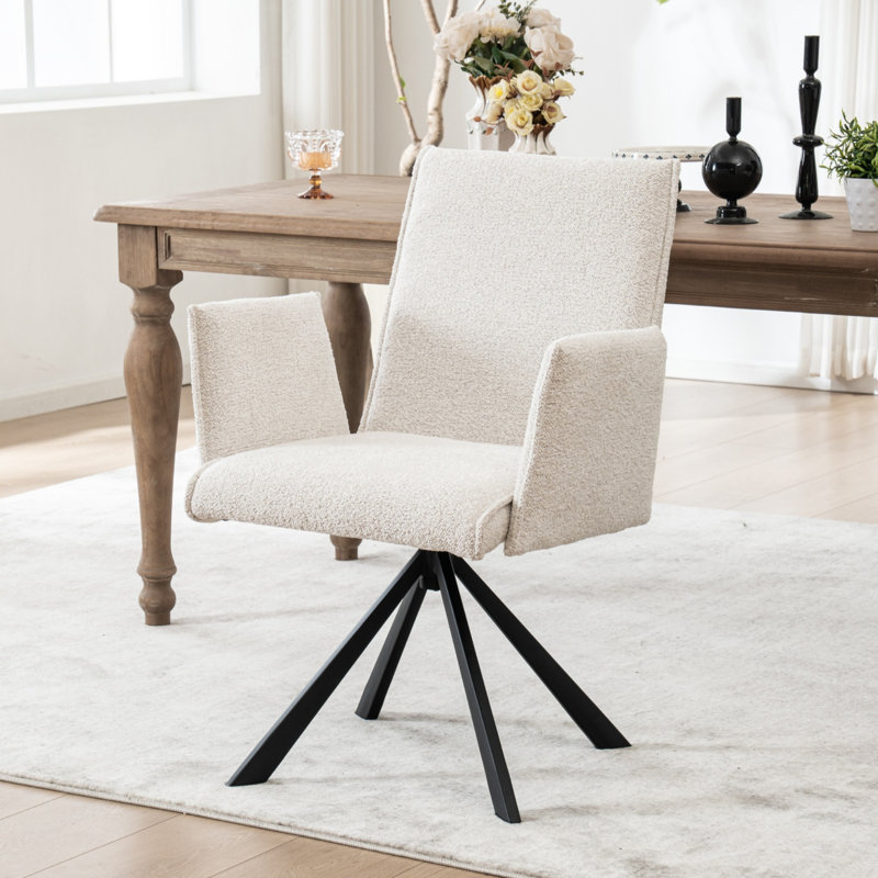 Swivel Upholstered Dining Chair, Mid Century Modern Kitchen Chair with Metal Legs, Beige