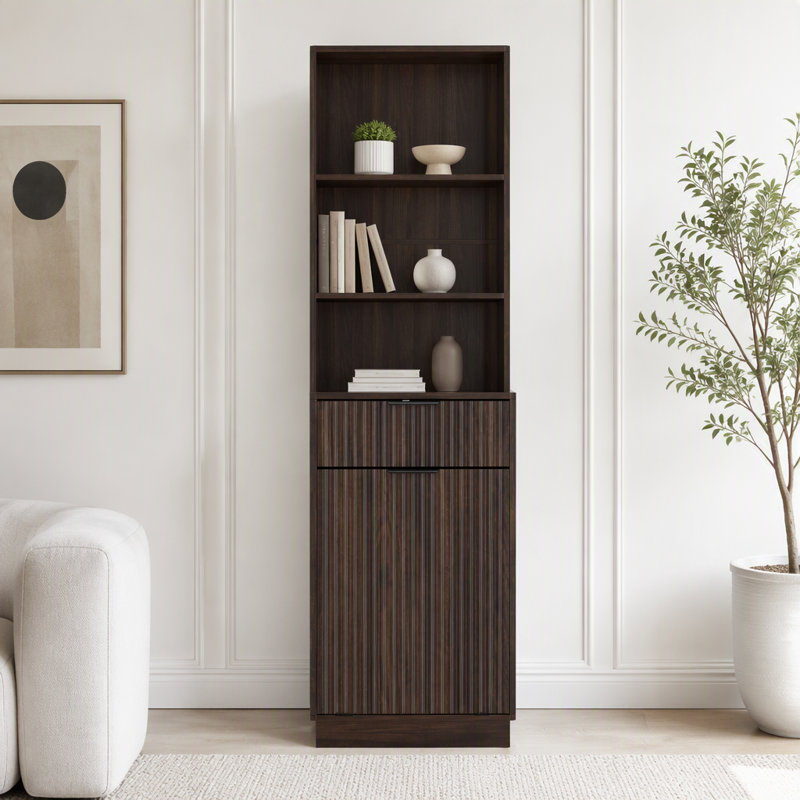 Armoire de rangement haute et étroite à rainures avec compartiment à ordures dissimulé, Noyer