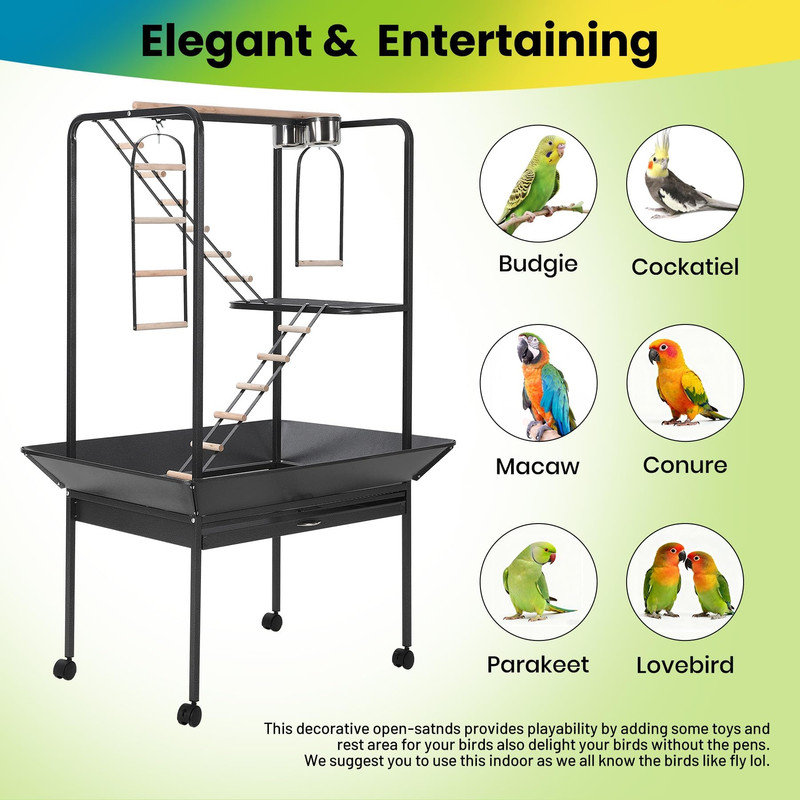 Mobile Bird Activity Center with Ladders, Toy Hooks & Rolling Casters, 64''