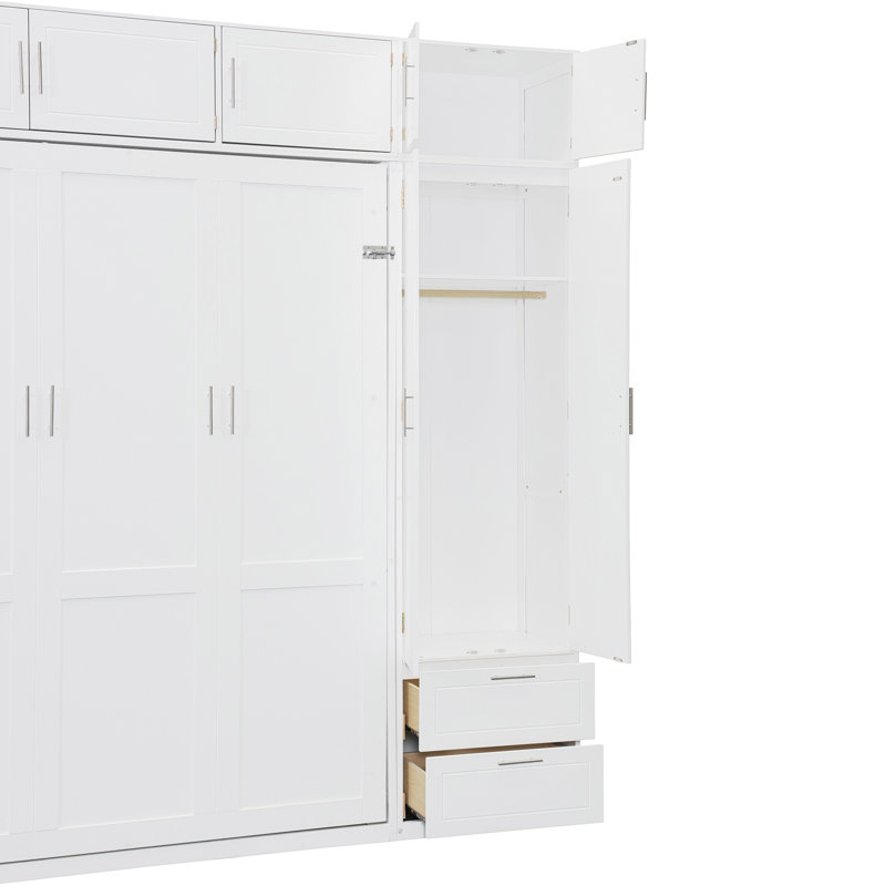 Lit escamotable mural avec armoire supérieure, tablettes et garde-robe, lit pliable peu encombrant, Blanc