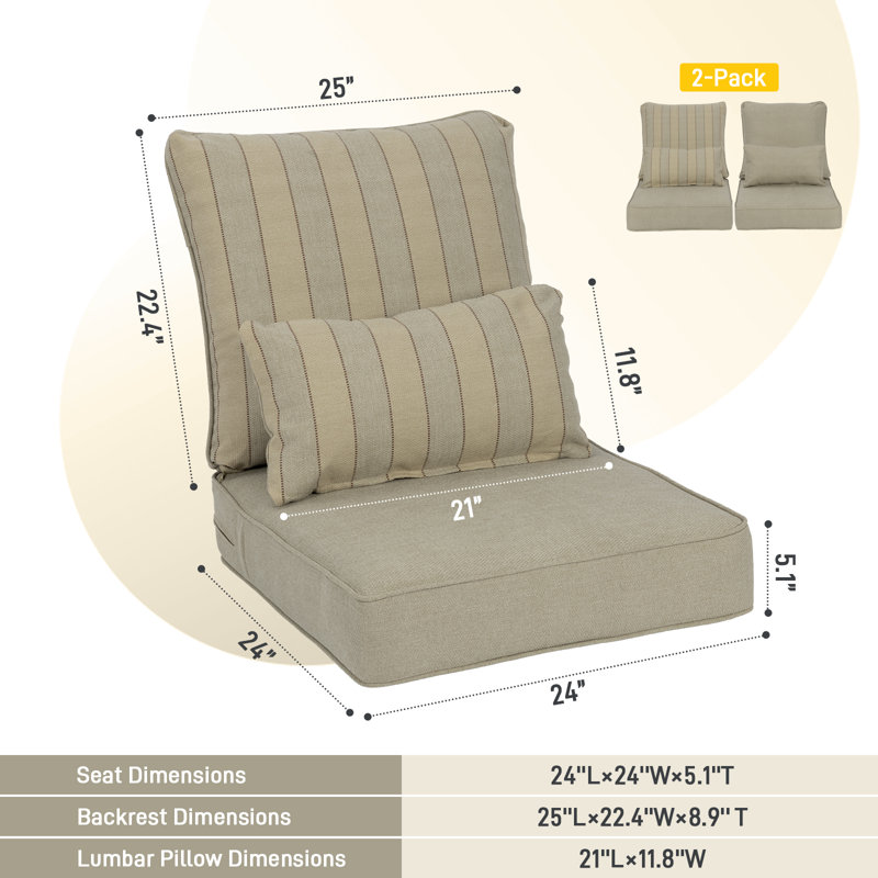 Lucy Outdoor Seat and Back Cushion（Set of 2 Seats, 2 Backs, 2 Pillows), Beige Striped