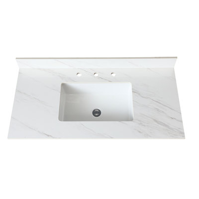 Plateau de meuble-lavabo blanc 43 po avec dosseret de 4 po et dosseret en pierre frittée 43 po - 4 po, trou de robinet pré-percé, lavabo rectangulaire, fluorescente