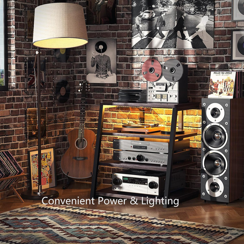 Black Ebony 30'' Corner Media Stand with LED Lights and Power Strips