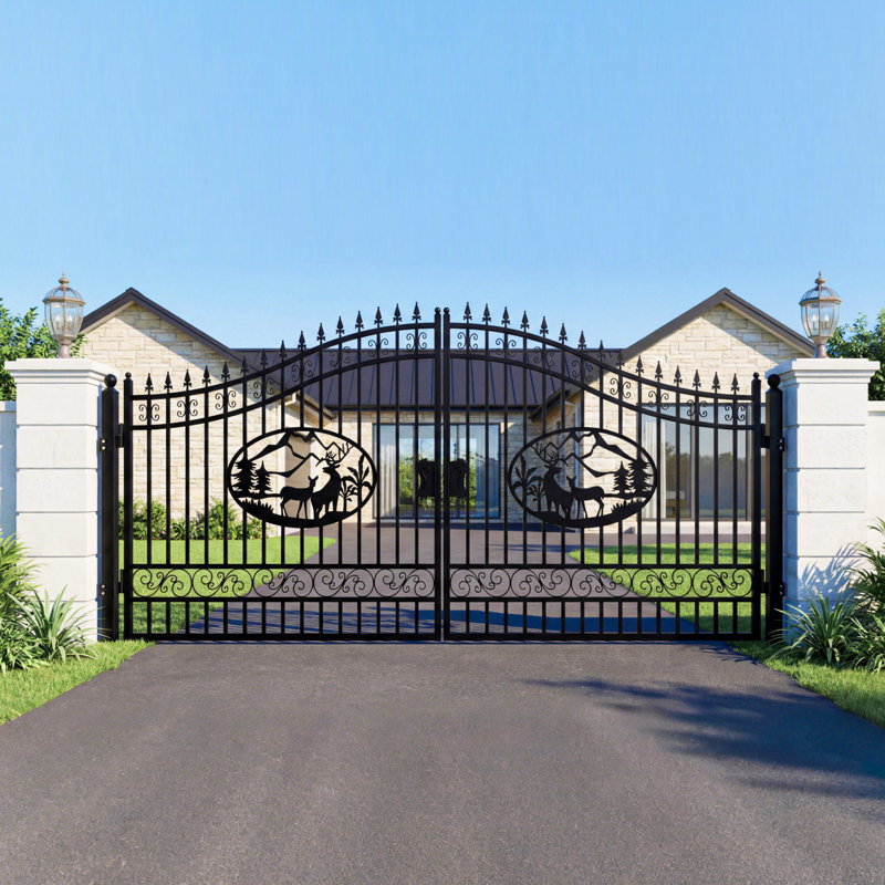 14FT Dual Swing Galvanized Steel Driveway Gate - Deer Design, Include Posts