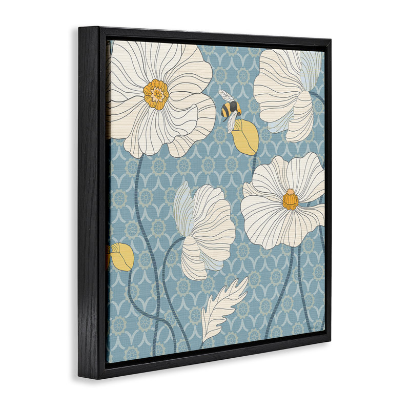 "Wild Poppies & Bee", art mural sur toile flottante par Levison Design, Cadre flottant noir de jais, H 18 po x l 18 po