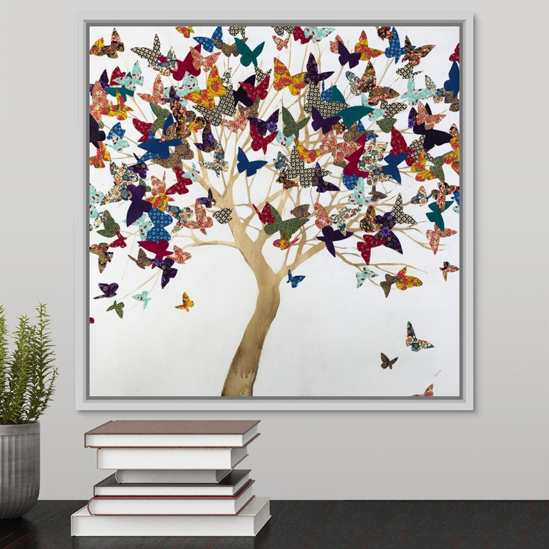 «A Butterflys Journey» par Sydney Edmunds - peinture sur toile, H 17,7 po x l 17,7 po x P 1,75 po, Cadre flottant blanc