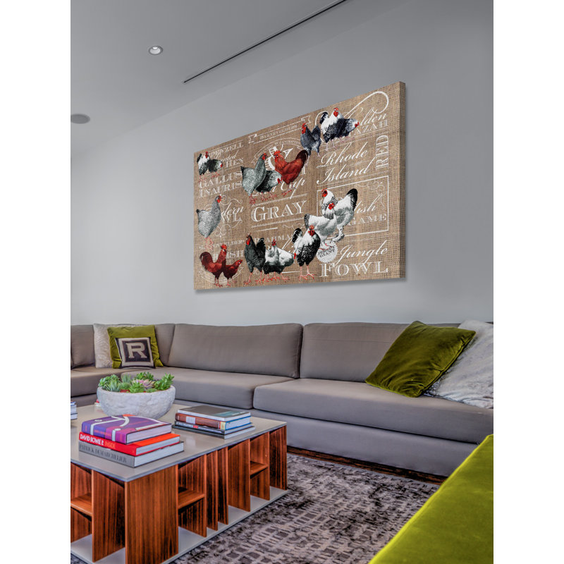 Chicken Burlap - Reproduction de publicité sur toile tendue, H 16 po x l 24 po x 1,5 po