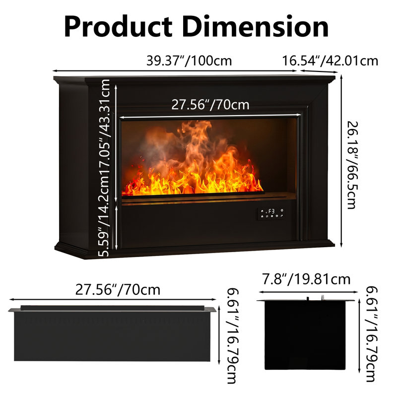 Foyer à vapeur d'eau avec humidificateur, flamme atomique réaliste en 3D de 13 couleurs, pas de vraie flamme, télécommande et remplissage d'eau facile, frais au toucher pour la chambre à coucher et le salon, noir