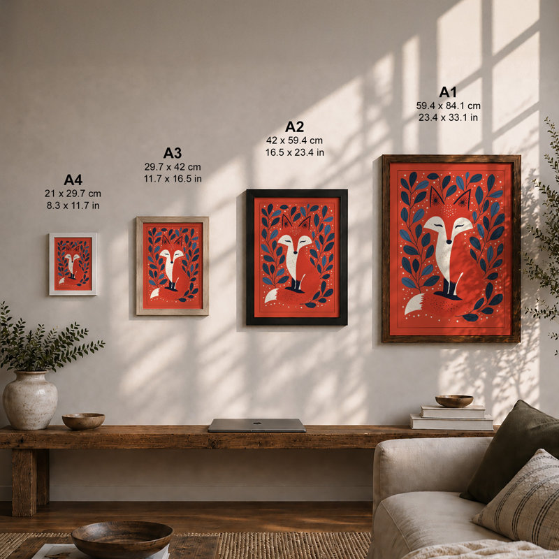 Winter Fox Mid-Century - Framed Print, Unframed, A4 - 29.7 x 21.0 cm