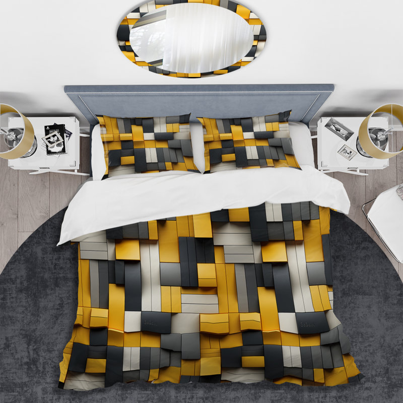 Ensemble de housse de couette jaune et gris en microfibre Harmony I, Housse de couette pour grand lit et 2 taies décor