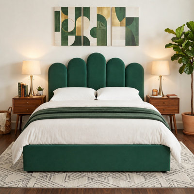 Modern Palm-Shaped Upholstered Bed with Lift Up Storage, Queen, Green Velvet