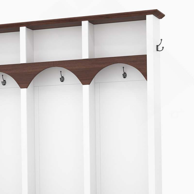 Wooden Hall Tree, Entryway Storage Bench With 5 Hooks And 7 Cubbies For Mudroom, Living Room, White