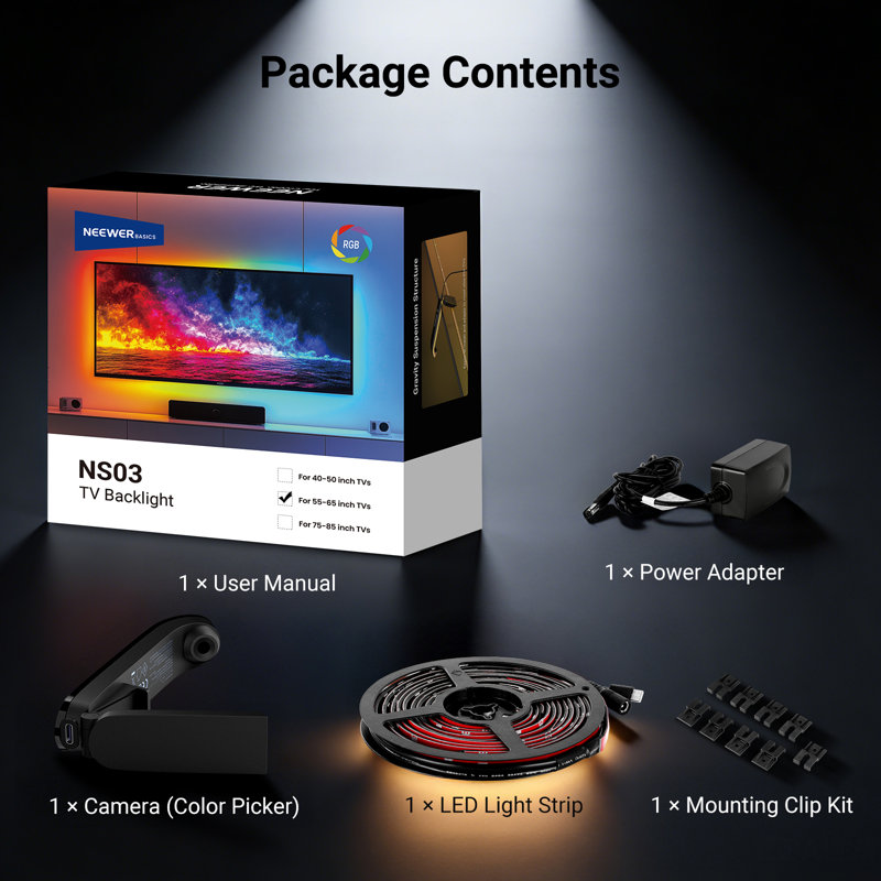Rétroéclairage du téléviseur pour écrans de 55 po à 65 po, bandes lumineuses à DEL RVB de 11,8 pi / 3,6 m avec changement de capteur avec téléviseur, marche / arrêt programmé, synchro de couleur à retard zéro, synchro de musique, 24 effets de scène, prise en charge du contrôle des applications, NS03