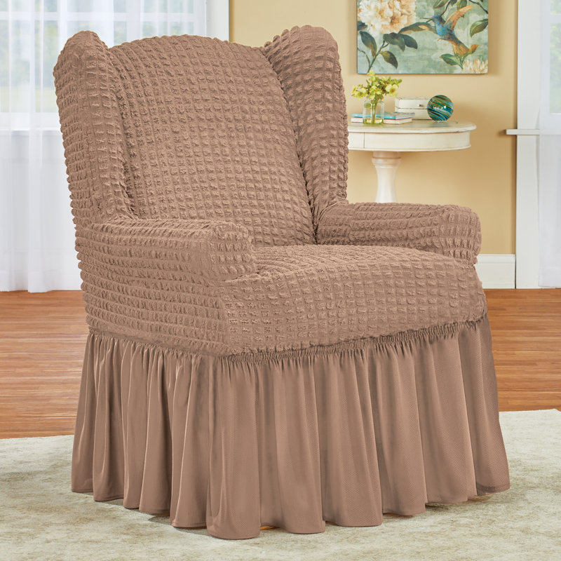 Ruffled Box Cushion Wingback Slipcover, Taupe
