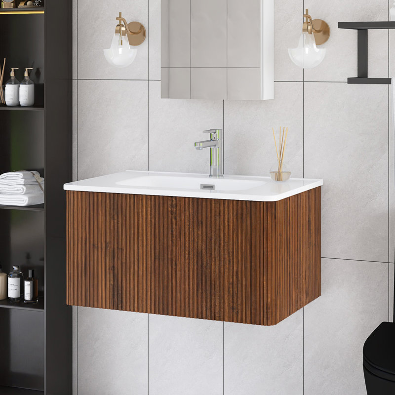 30" Wall Mounted Single Bathroom Vanity With White Ceramic Top, Brown