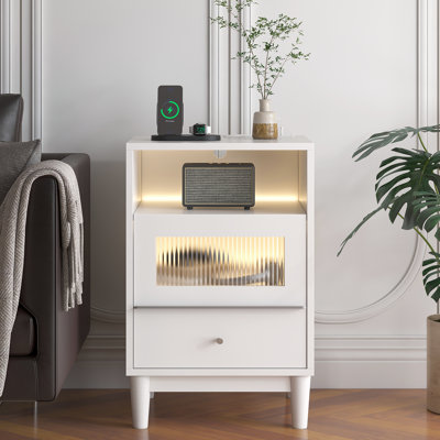White Bedside Table With Charging Station & Led Lights, Nightstand With Tempered Glass Drawers – Stylish Night Stand For Bedroom, Living Room, Kids Room