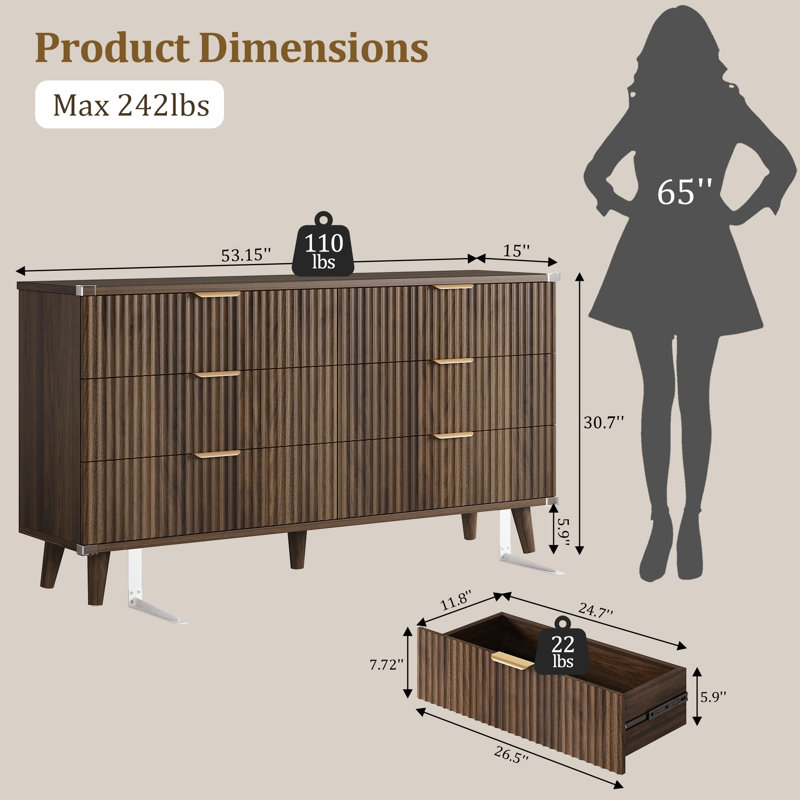 6-Drawer Dresser With Wave-Fluted Panels, Modern Boho Storage Cabinet With Solid Frame And Metal Handles, Versatile Organizer For Bedroom, Living Room, Entryway, Hallway & Closet