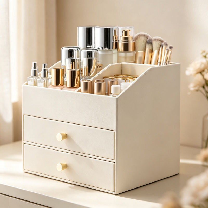 Beige Faux Leather Makeup Organiser with 2 Drawers, Multi-Functional Dressing Table Storage Box for Lipsticks, Jewellery & Skincare