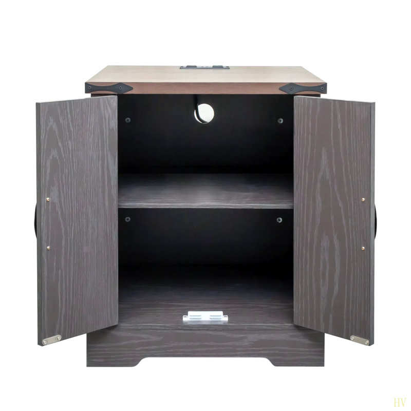 Farmhouse End Table With Charging Station, Rustic Wood Nightstand With Adjustable Shelf, 19.6"W Versatile  Sofa Side Table With Barn Doors & Retro Hinges For Bedroom, Living Room