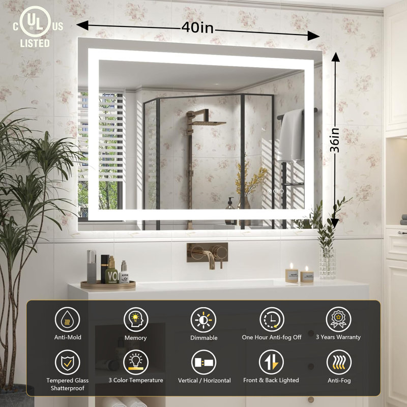 Miroir de salle de bain Lunara, 40 po x 36 po