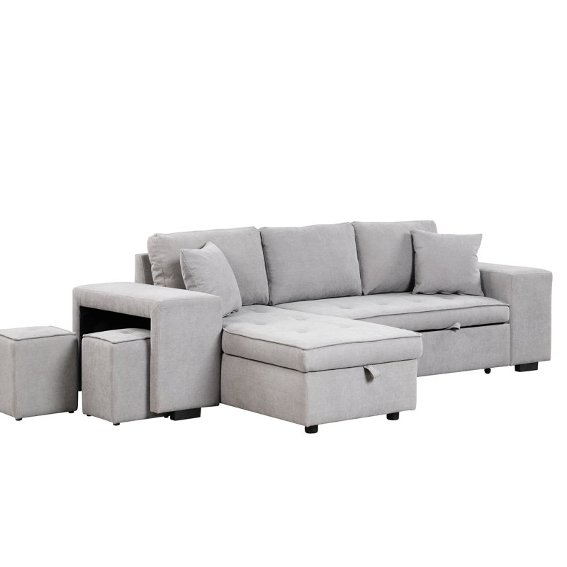 104.5" Pull Out Sleeper Reversible L-Shape 3 Seat Sectional Couch With Storage Chaise And 2 Stools For Living Room, Gray Bed