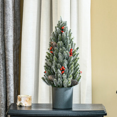 18" Miniature Flocked Christmas Tree With Holiday Pinecone And Berry Decor Tall Tabletop Red Accents
