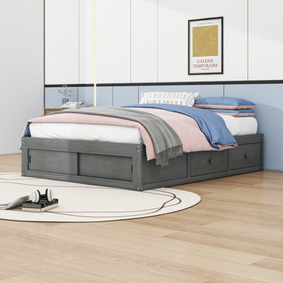 Queen Wood Platform Bed with 4 Drawers and Storage Cubby