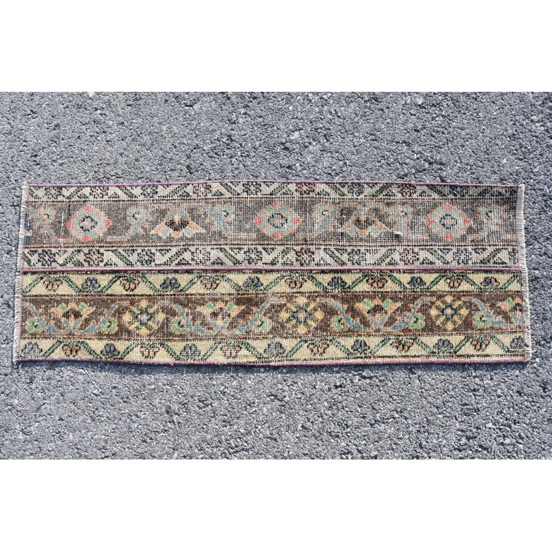 Handmade Vintage Turkish Runner Rug with Floral Design for Hallway from Central Anatolia Beige/Green