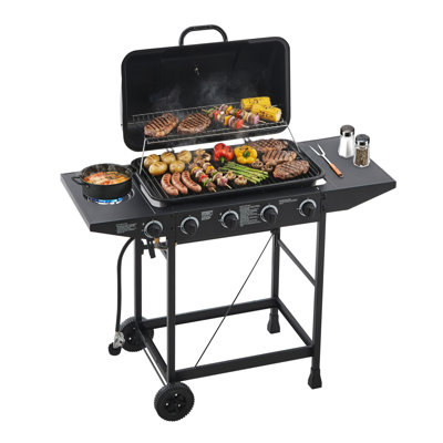Barbecue à gaz propane 4 brûleurs avec brûleur latéral, 42000 BTU, grilles émaillées, tables pour événements extérieurs, revêtement émaillé, facile à transporter