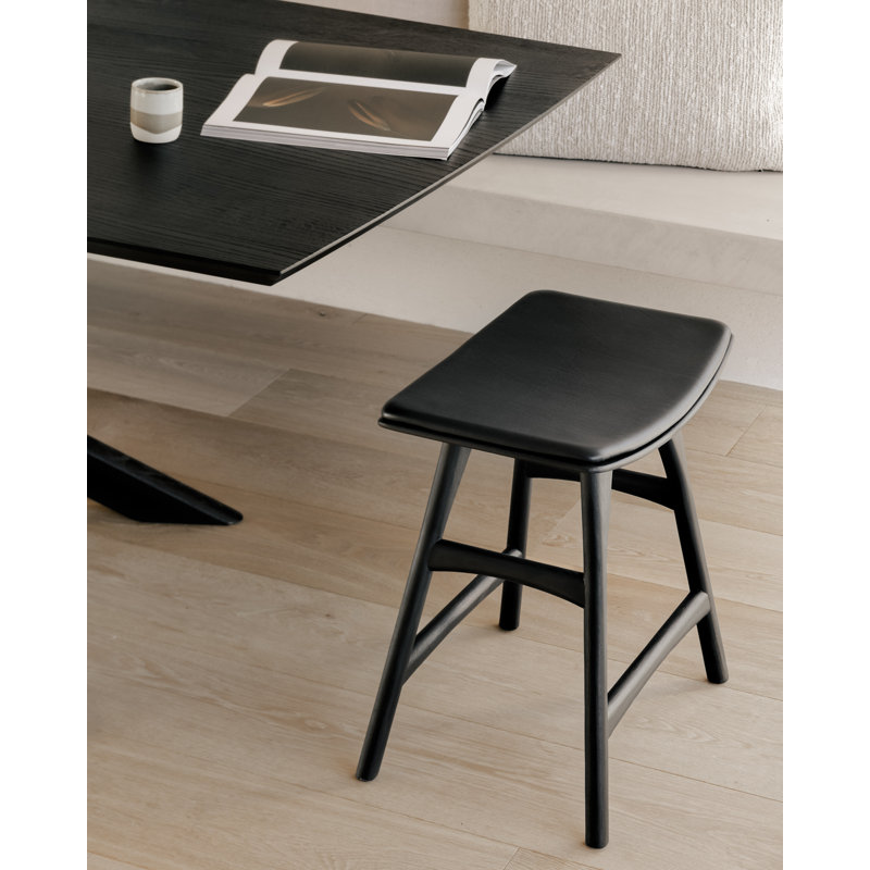 Osso Upholstered Stool with Solid Wood Frame, Varnished Black/Black