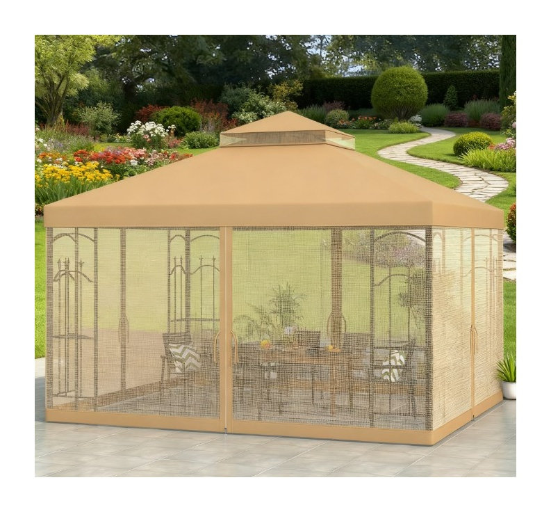 Abri de jardin à toit double 11,8 pi x 9,8 pi avec filet, tente de patio en acier brun et gris