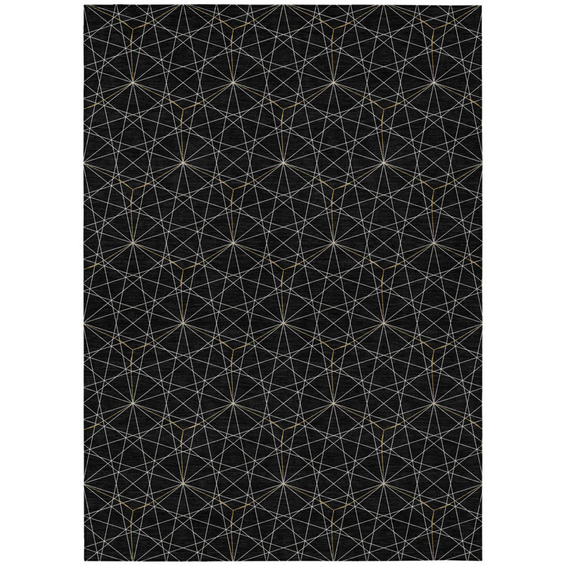 3' X 5' Black And Ivory Geometric Washable Indoor Outdoor Area Rug
