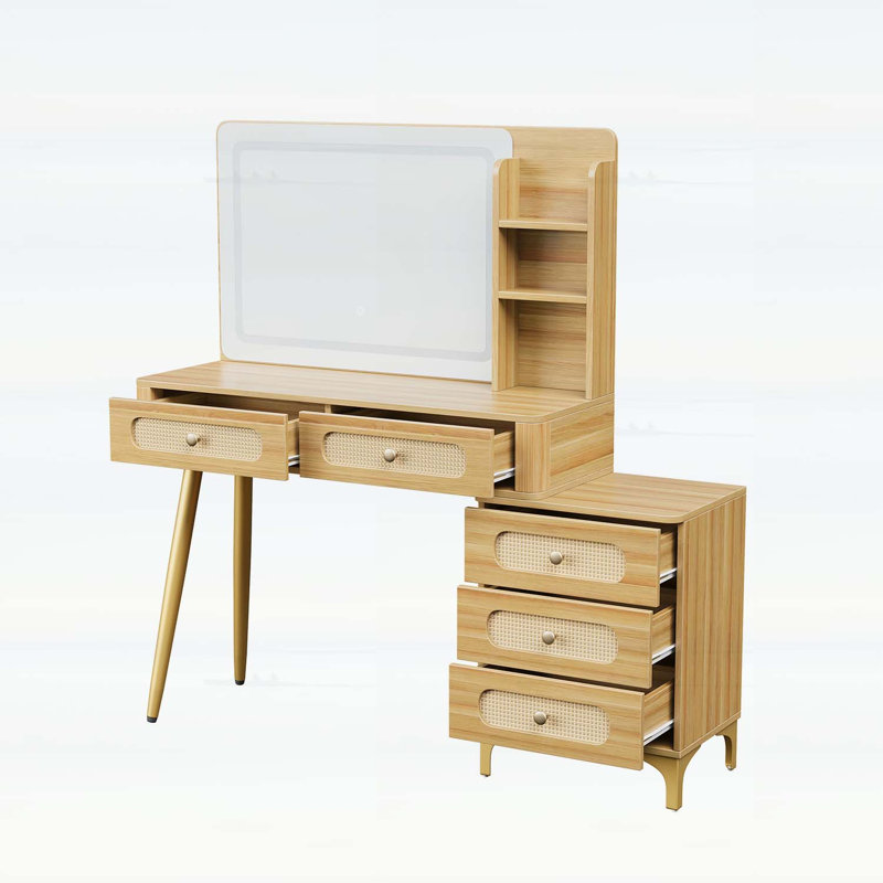 Coiffeuse 47 po avec miroir, lumières, 5 tiroirs et tablette de rangement rétro, design rotin, luminosité réglable, naturel