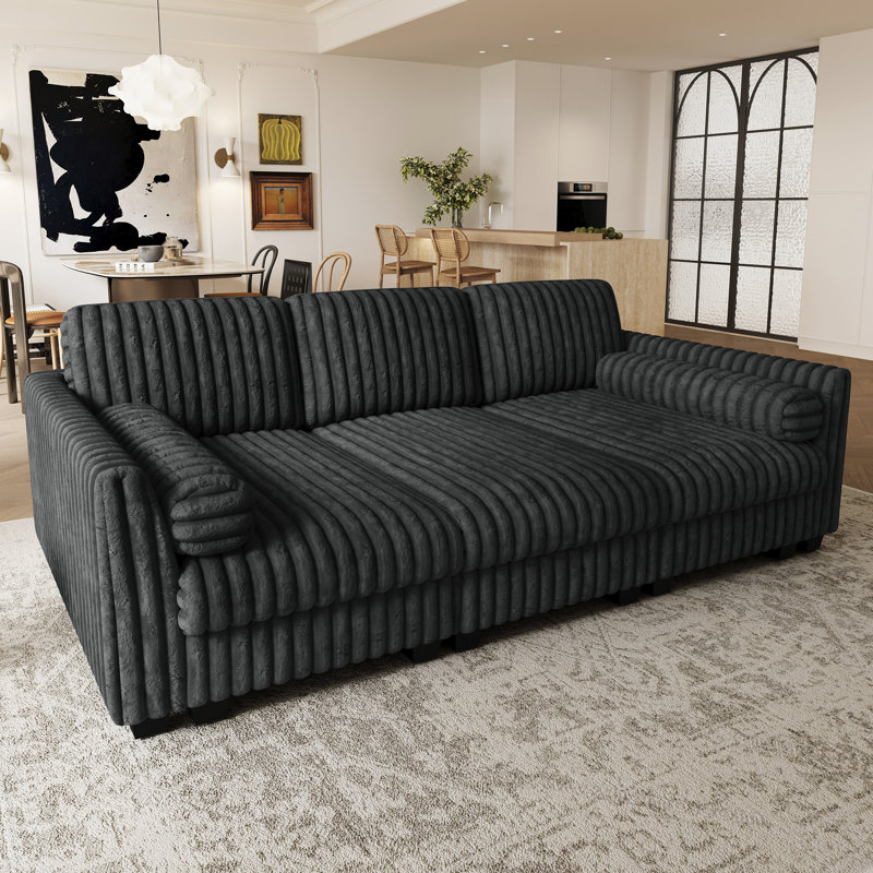 Upholstered 3-Seater Modular Sofa Chaise Lounge, Faux Rabbit Fur Comfort Cushion Seat, Gray Faux Fur