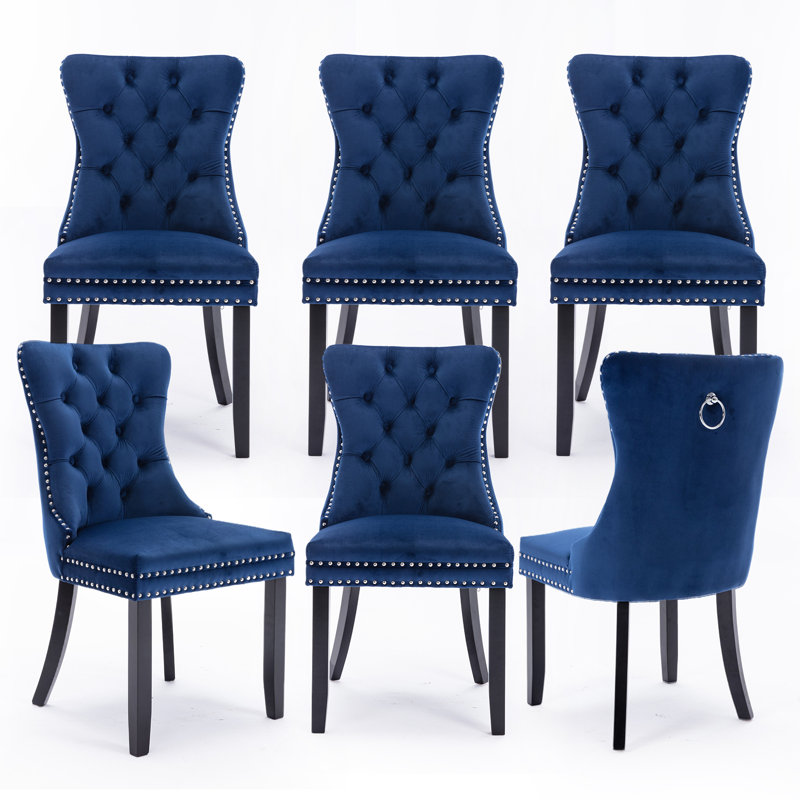Chaise de salle à manger en velours capitonnée avec pieds en bois massif (ensemble de 6), Bleu