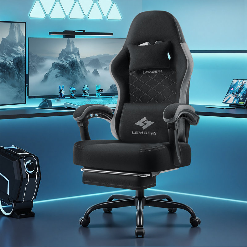 Gaming Chair With Footrest, Racing Style Computer Gamer Chair With Headrest And Lumbar Support, Black