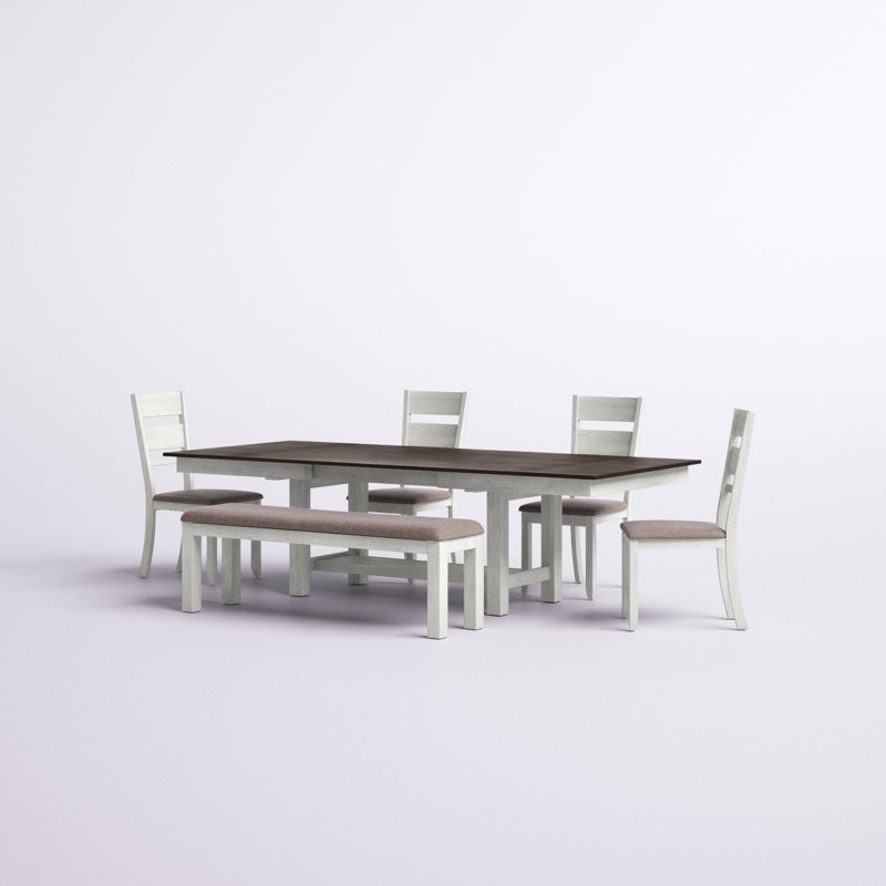 Luz 6 Person Trestle Dining Table Set w/ Slat Back Upholstered Chairs & Bench, Dark Brown/White