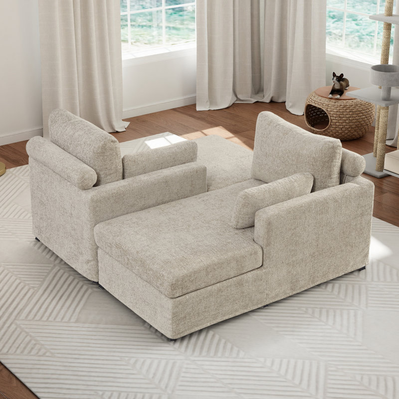 63.4" W Slipcovered Upholstered Chenille Chaise Lounge, Taupe