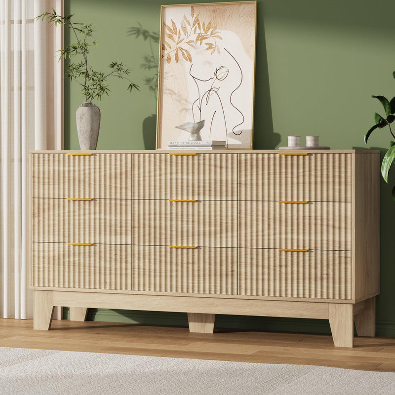 9 Drawer Dresser with Fluted Design, Oak Finish & Metal Handles, Yellow